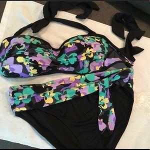 Anne Klein Bikini, Large. Black w/purple green etc